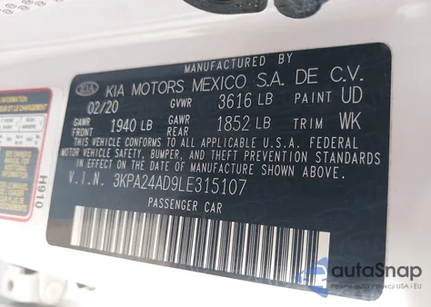 2020 Kia Rio Lx z USA, uszkodzony, nr VIN 3KPA24AD9LE315107